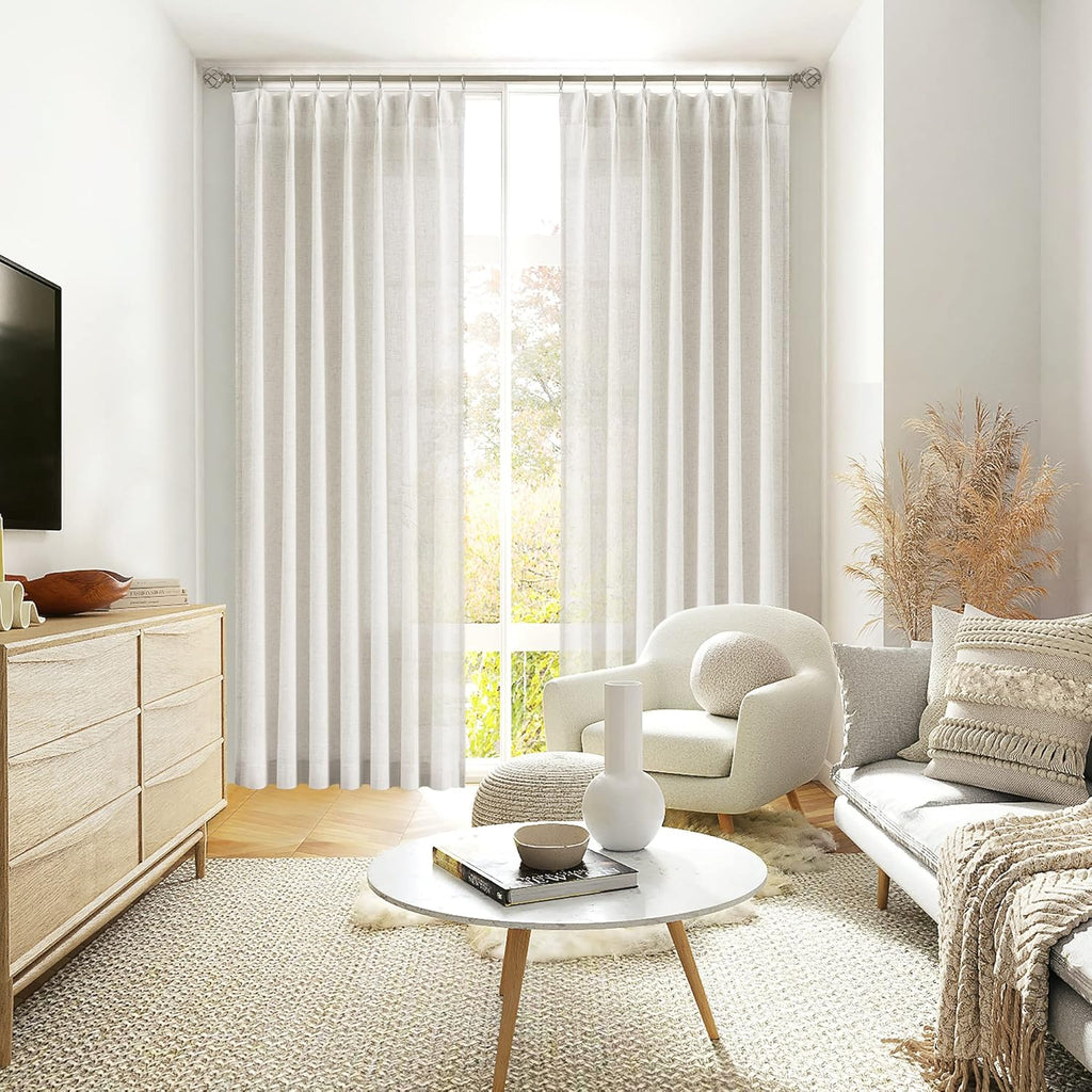 Natural Pinch Pleated Semi Sheer Curtains Textured Linen Blended Light Filtering Window Curtains 84 inch for Living