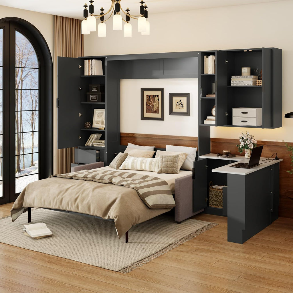Wall Murphy Bed Queen with Drawers, LED Lights, Desk, USB Ports and Green Sofa for Bedroom, Black
