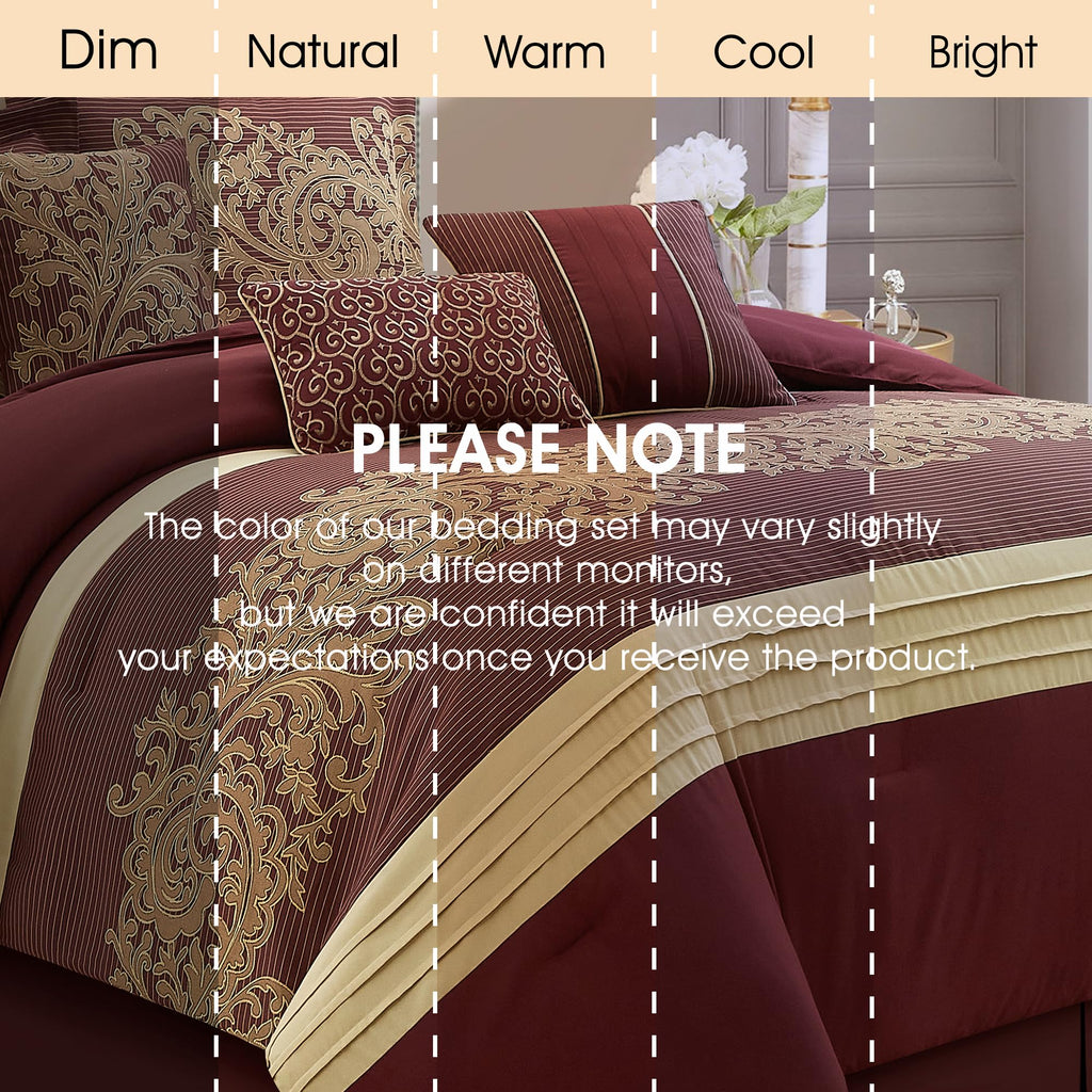 Red Gold Comforter Set, Damask Jacquard with Matching Solid Piece Work, 7 Piece Soft Bedding Set for All
