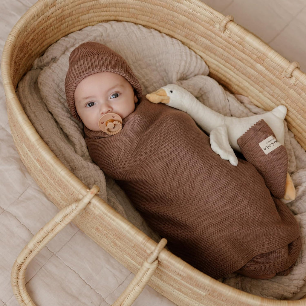 Baby Gift Set - Organic Cotton Blanket + Hat Set, Newborn Blanket Essentials, Baby Boy Gifts (Luxe - Milk Chocolate)