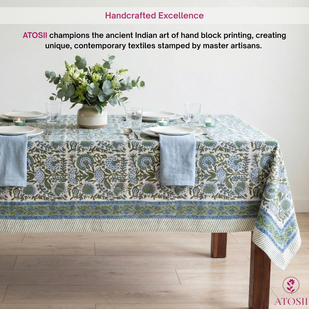 Cotton Blockprint Rectangle Table Cloth, Clover Blue, 108" X 60"