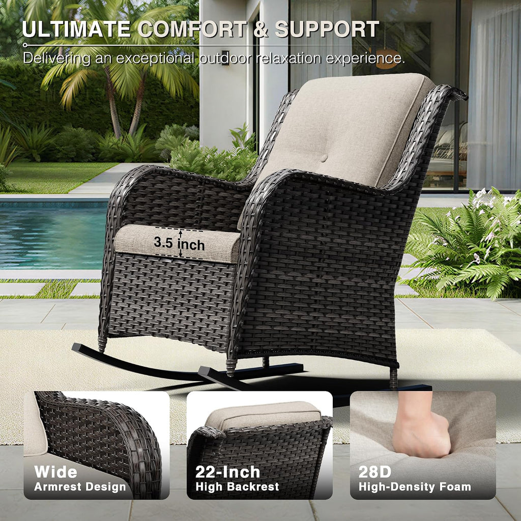 Outdoor Rocking Chair, Wicker Patio Furniture with High Back, Deep Seating, Wide Armrest, Thickened Cushions, Outdoor
