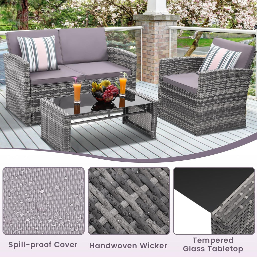 4 Piece Patio Furniture Set, Outdoor Wicker Conversation Set | Washable Cushions, 2 Armchairs + Loveseat Sofa +