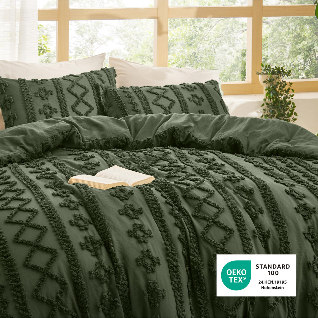 Boho Comforter Set King, Bedroom Decor Bedding Set Olive Green