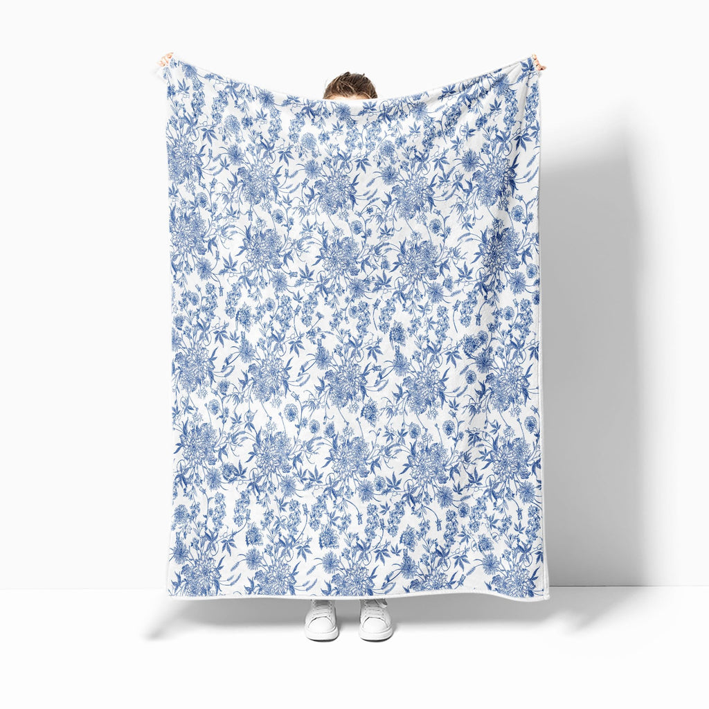 Floral Blanket Blue Floral Throw Blanket, Botanical Flowers Blankets, Soft, Flannel, Warm, Boho Flowers Bed Blankets