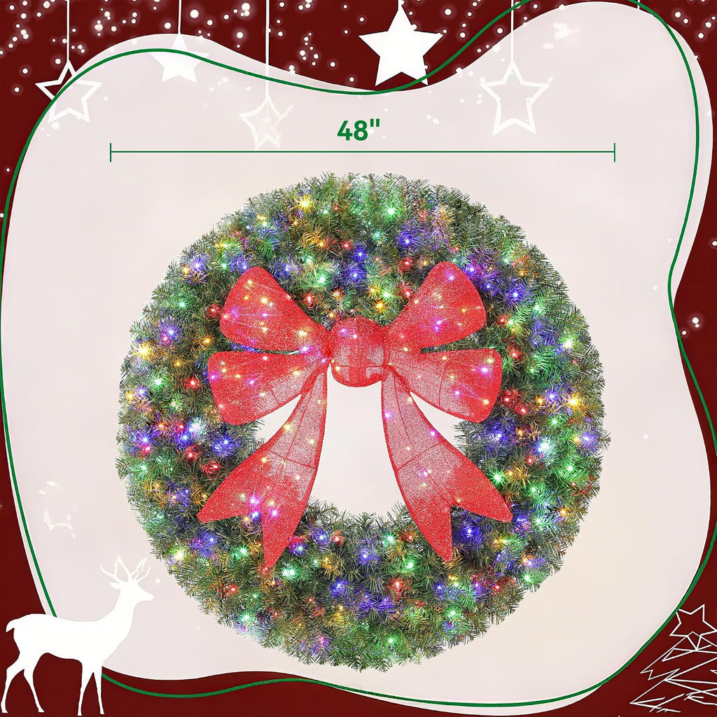 48in Flocked Pre-Lit Artificial Christmas Wreath with 3D Red Bow