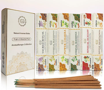 Natural Incense Sticks,6 Pack Mixed Scents Gift Pack 15 gm Each (90 gm Total), Insense Sticks Variety Pack, 100% - Set of 6