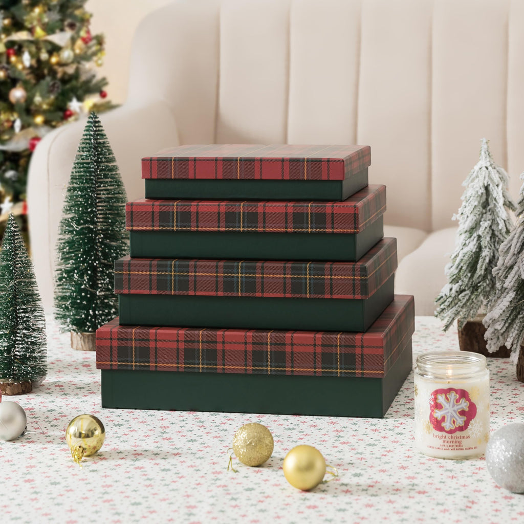 Plaid Christmas Gift Boxes with Lids, Set of 4, Holiday Boxes