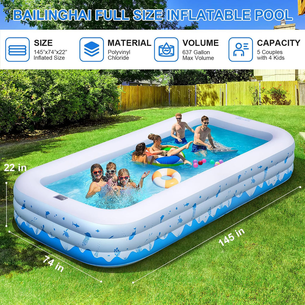 Large Inflatable Pools with Lights, 145" X 74" X 22" Family Inflatable Swimming Pools for Adults, Blow Up Pool Solar