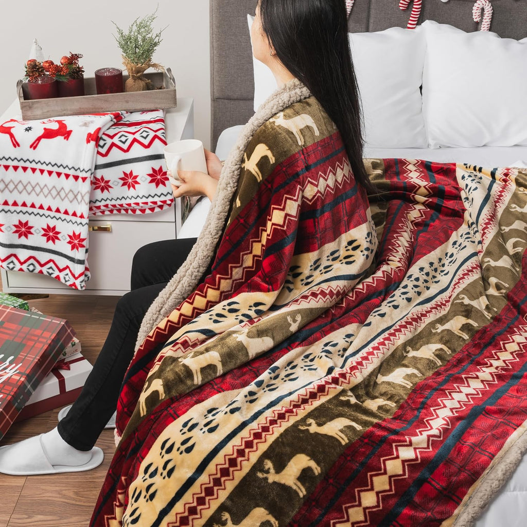 Premium Christmas Sherpa Throw Blanket, Green Red Cabin Design with Reindeer Print, Ultra Soft Reversible Fleece &