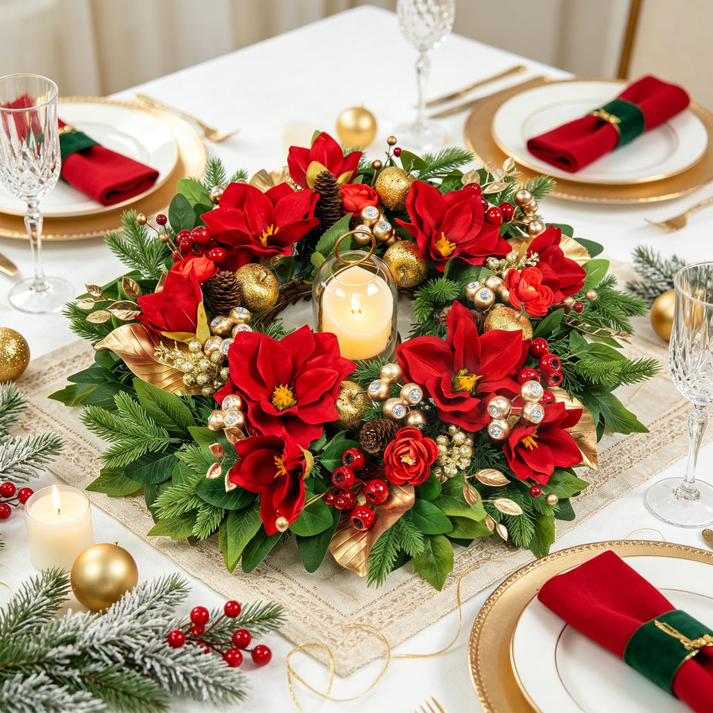 24 Inch Magnolia Christmas Wreath for Front Door, Christmas Wreath with LED Lights, Red Flowers, Red Berries