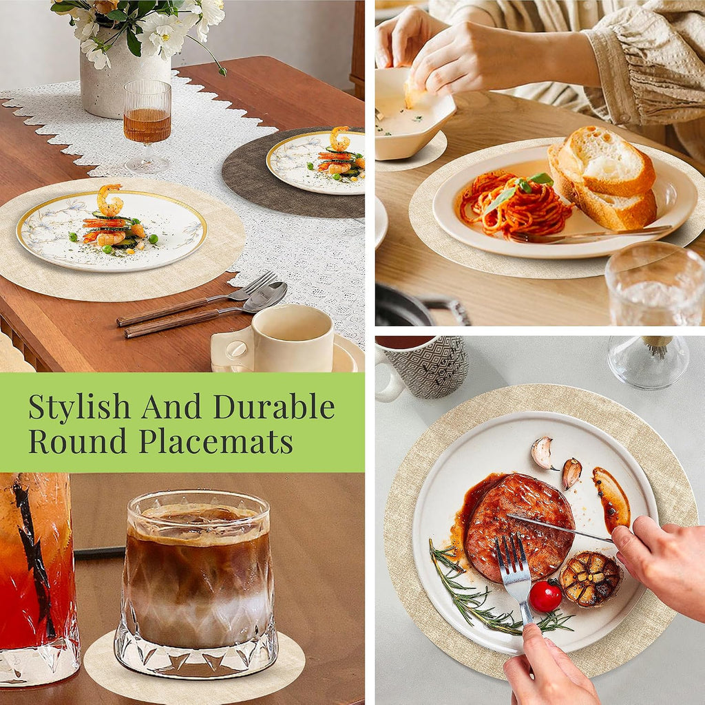 Placemats, 13" Round Reversible Faux Leather with Coasters - Set of 8