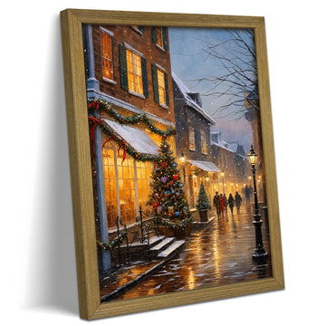 Vintage Christmas Wall Art, Christmas Tree Farm Scene with Red Barn, Rustic Winter Snow Street Canvas Print, Framed