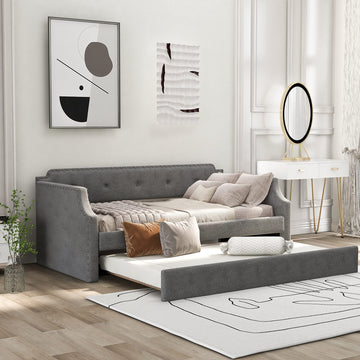 Twin Size Daybed With Trundle, Upholstered Modern Tufted Sofa Bed, Linen Fabric, Solid Wood Frame, Grey
