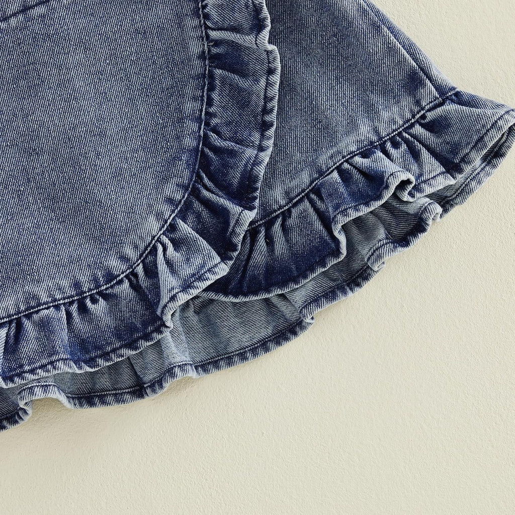 Toddler Baby Girl Summer Outfits Sleeveless Lapel Collar Ribbed Tank Tops Ruffle Jean Skirt Set Cute Clothes