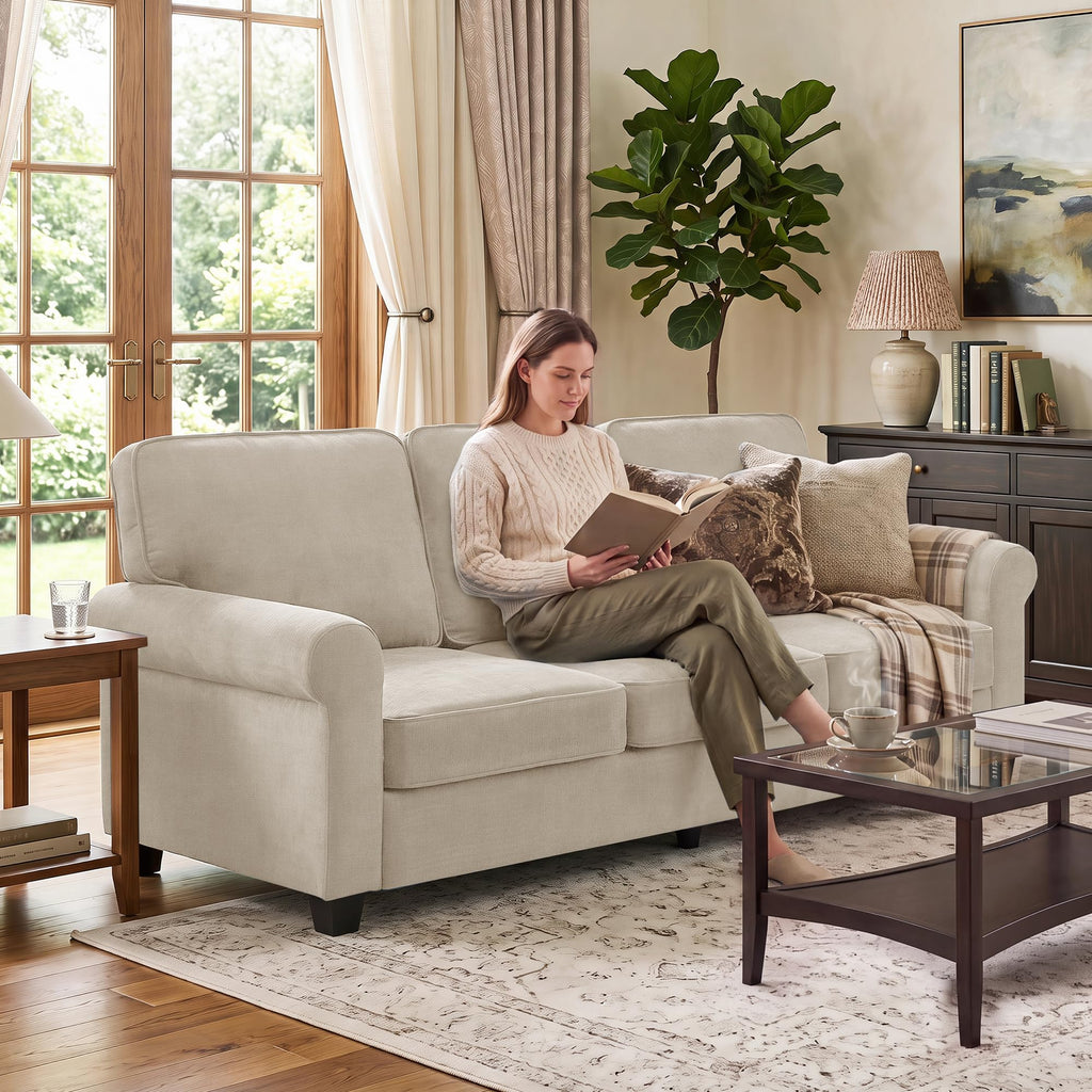 Chenille Standard Sofa with Rolled Arms, Khaki