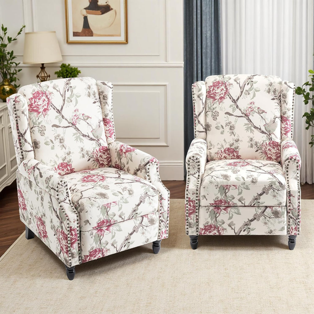 Pushback Recliner Chair, Floral Fabric Wingback Recliner Chair, Upholstered Rivet Trim Armchair Push Back Recliner