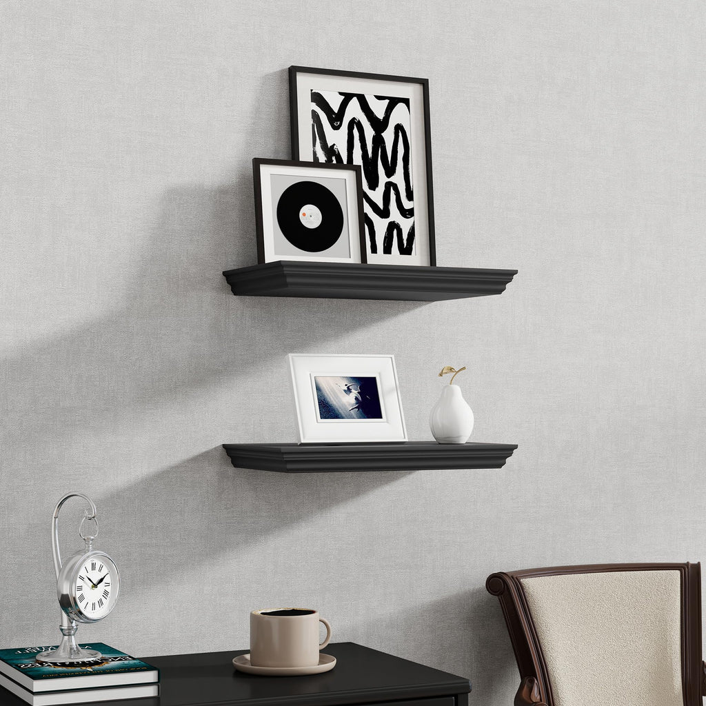 Floating Shelves, Black, 16 Inch Long, 9.3 Inch Deep, 2 Pack