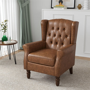 Faux Leather High Wingback Accent Chair, Tufted Armchair, Brown