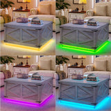 Farmhouse Lift Top Coffee Table, Square Wood Center Table with LED Lighting, USB-C Charging Station
