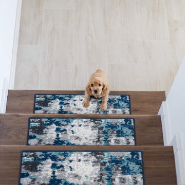 Transitional Abstract Non-Slip Stair Treads (Set of 13) 8.6" x 26" Blue
