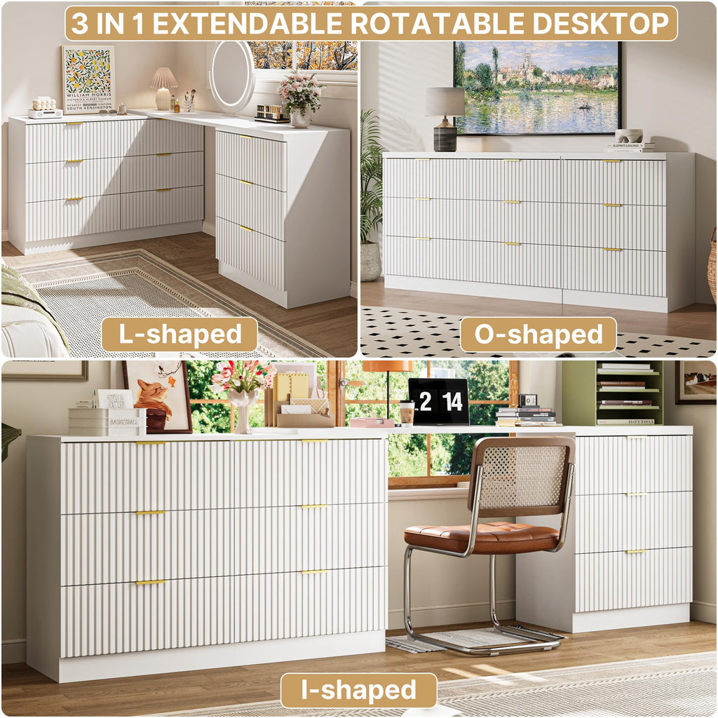 L-Shaped Rotatable 9 Drawer Dresser, 71" Wide Deformable White Dresser with Gold Metal Handles, Modern Fluted Chest