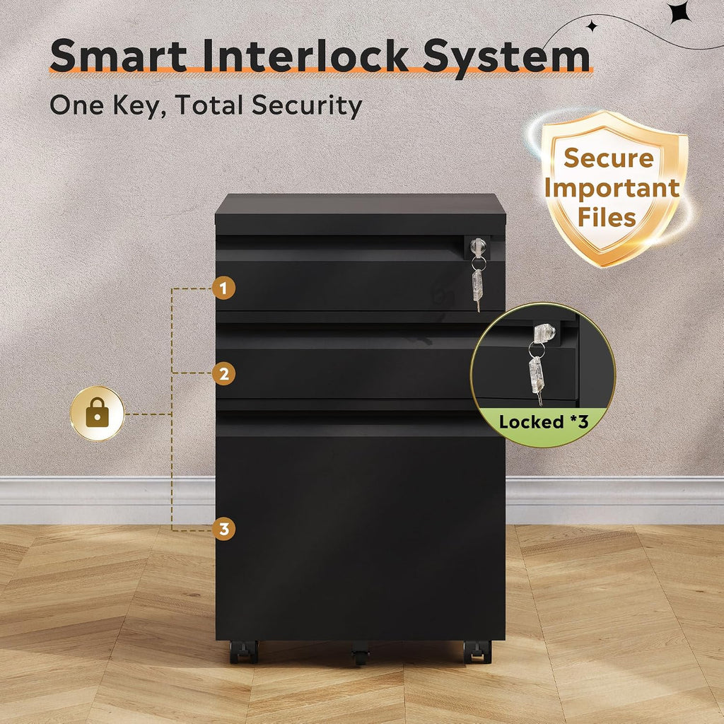 3 Drawer Mobile File Cabinet with Lock, Required Assembly | Under Desk Metal Filing Cabinet , Fits Legal/Letter/A4
