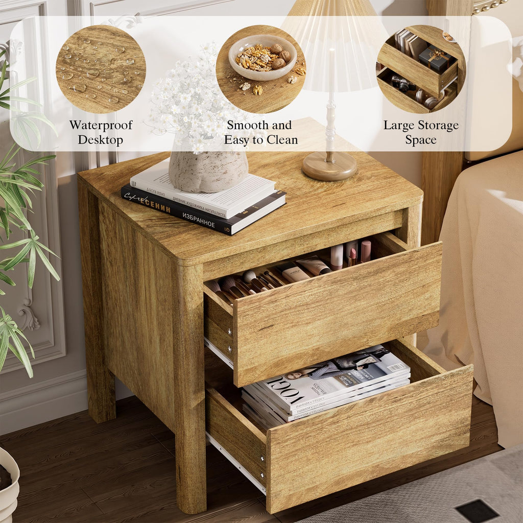 Mid Century Oak Nightstand with 2 Drawers, Modern Wooden Bedside Table with Hidden Handles and Wood Legs