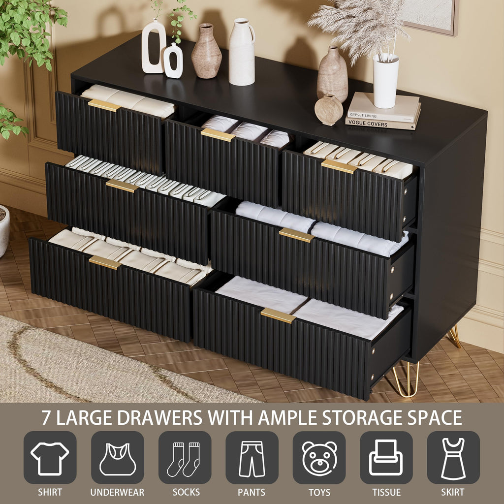 Black 7 Drawer Fluted Dresser with Gold Handles