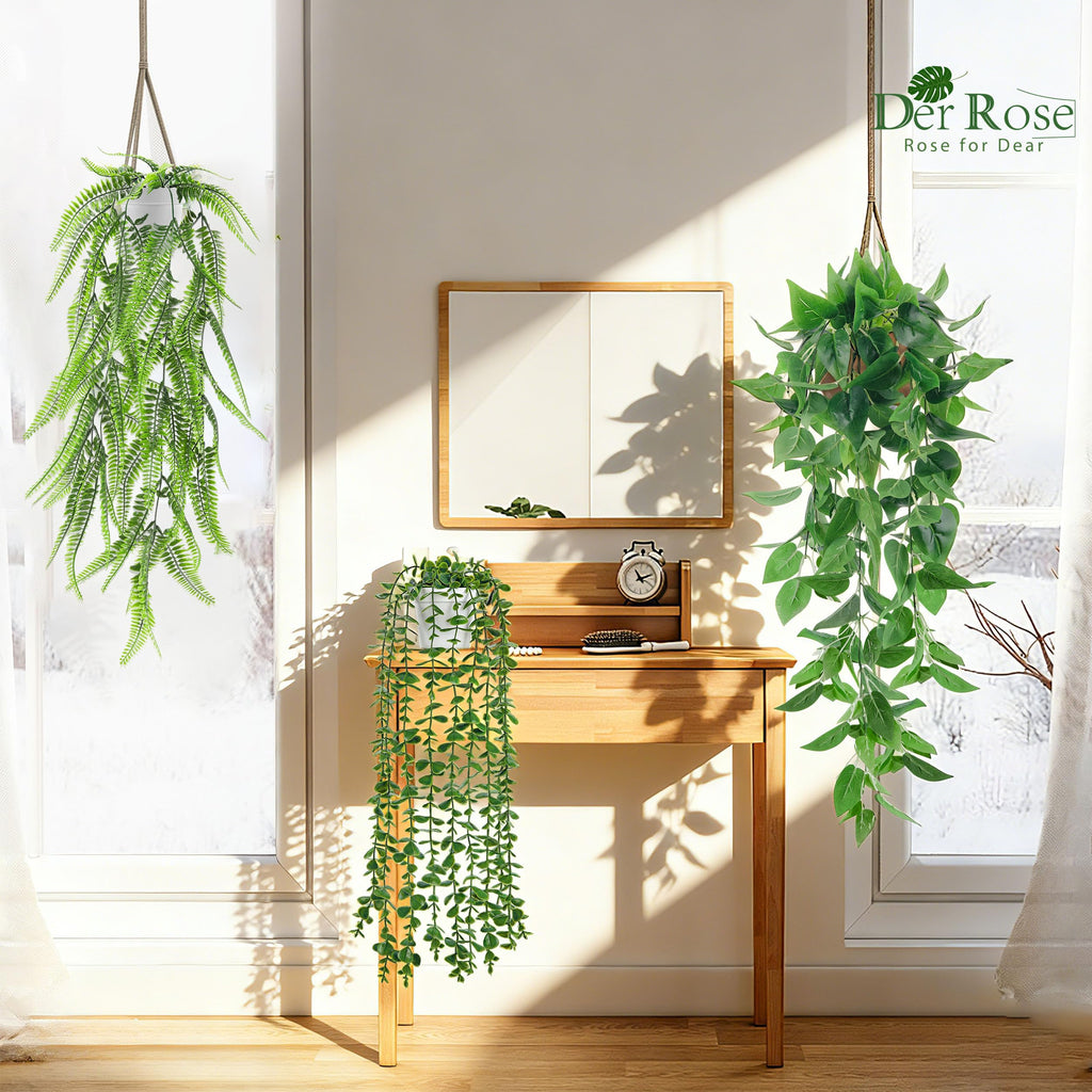 4Pcs Fake Hanging Plants with White Pots for Bright Shelf Decor