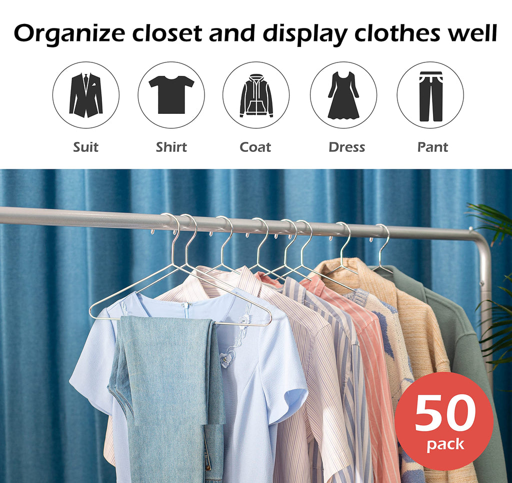 50 Pack Metal Hangers Coat Hangers Heavy Duty Stainless Steel Clothes Hanger for Closet Clothing Shirt Suit Pant 16.4