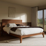 Queen Bamboo Platform Bed, Mid-Century Modern Bed Frame with Tall Headboard, Solid Sustainable Bedframe Queen-size
