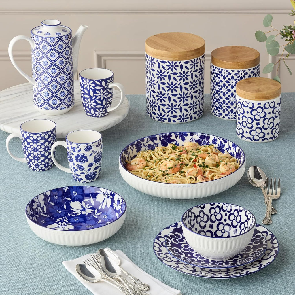 Madison Canister Set - Premium Porcelain with Bamboo Lids, Blue and White Patterns - Large 96 oz, Medium 80 oz - Set of 3