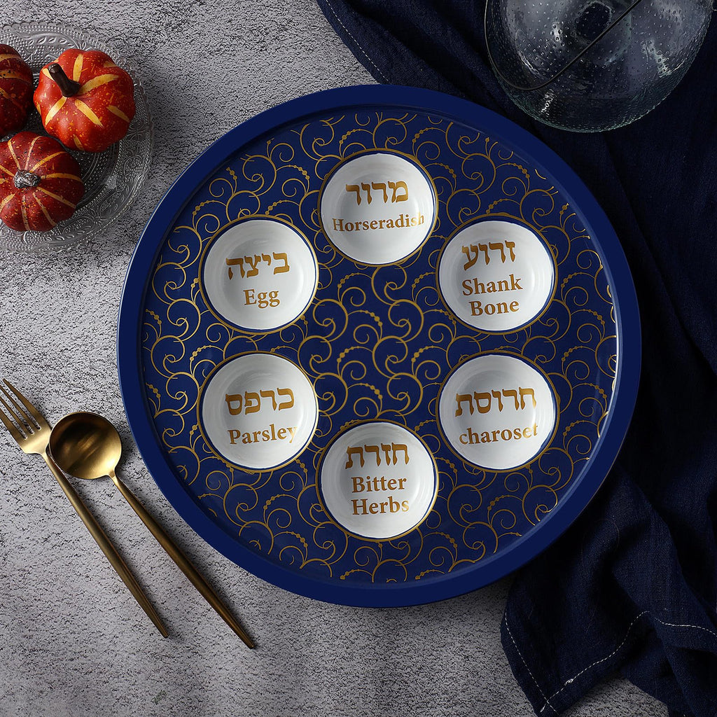 Passover Ceramic Elegant Seder Plate 12 Inch Passover Plate Round Renaissance Design with Gift Box for Adults Divided
