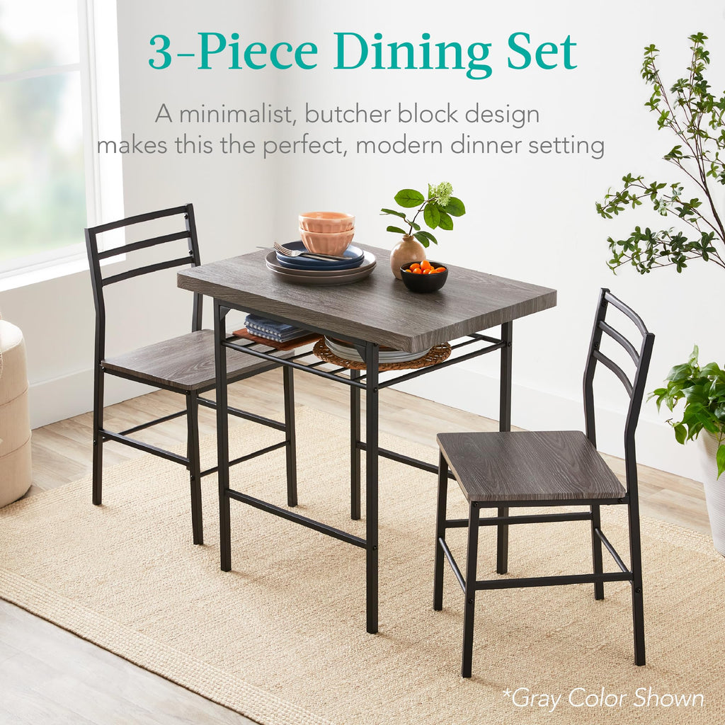 3-Piece Modern Dining Set, Space Saving Dinette, Small Space w/Steel Frame, Built-in Storage Rack - Natural/White