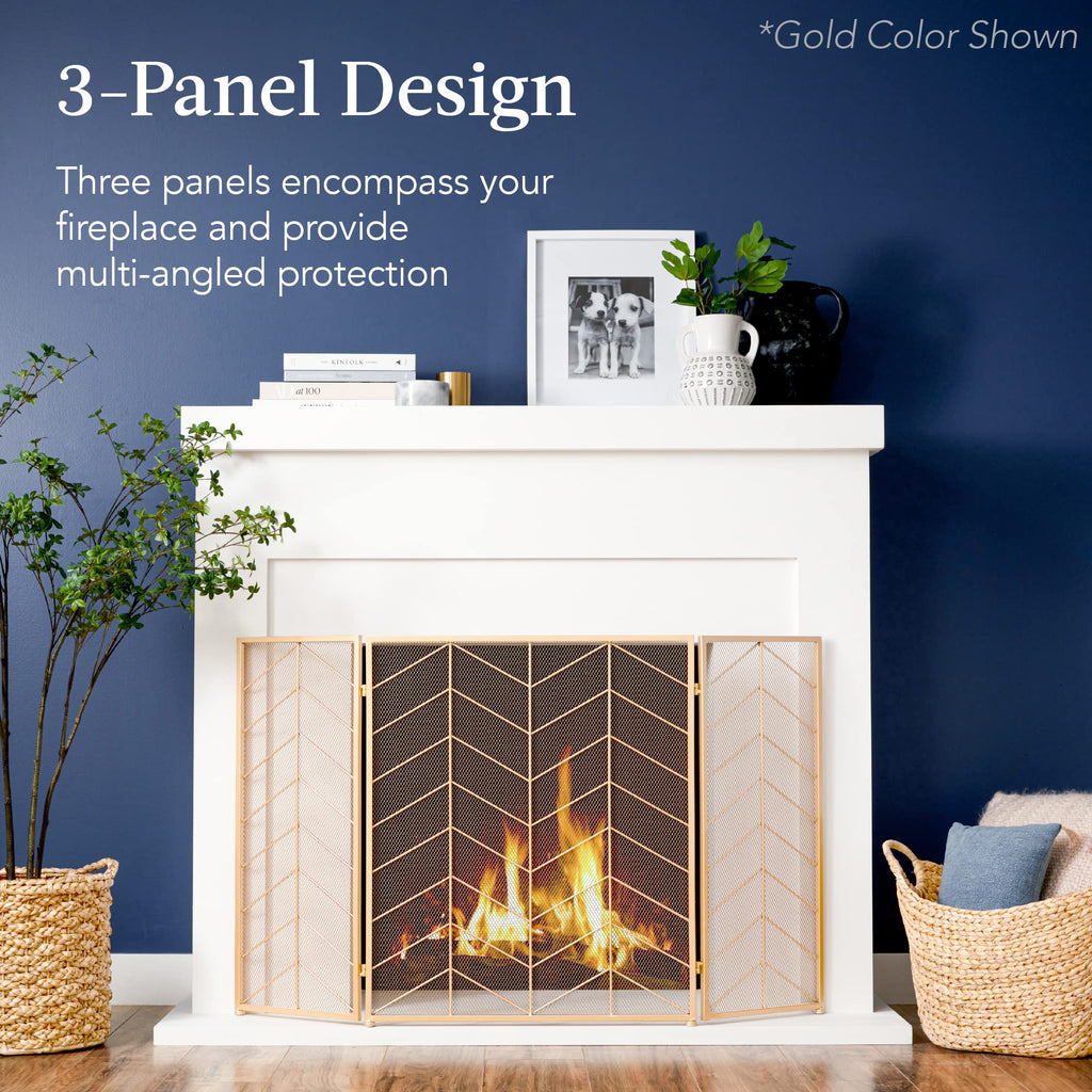 52x31in 3 Panel Chevron Fireplace Screen, Mid Century Modern Wrought Iron Hand Crafted Fire Place Guard Home Decor