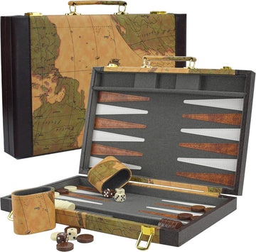 Backgammon, Backgammon Sets for Adults, 15" Leather Travel Backgammon Sets - Classic Board Game (World Map Design)