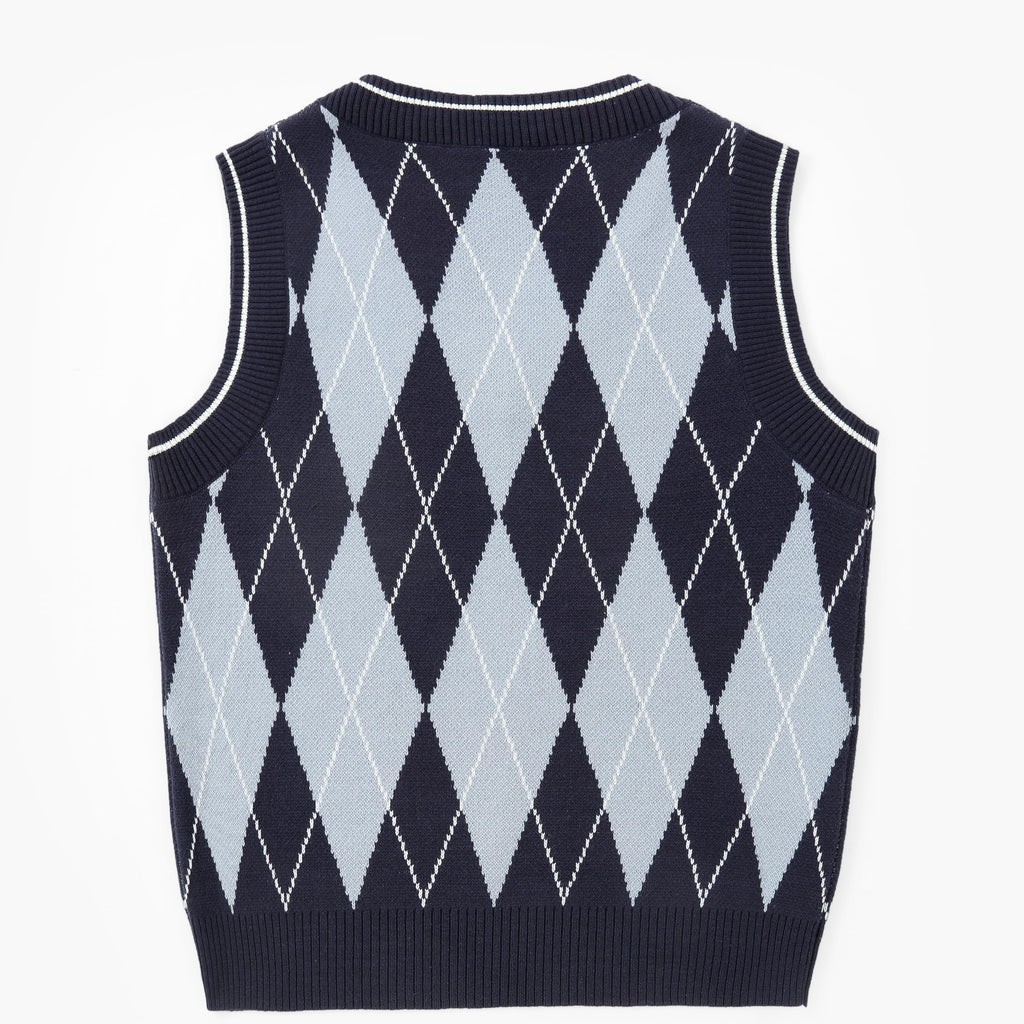 Boys Argyle Sweater Vest V-Neck Uniform Sleeveless Vest Kids Over Knit Sweaters for Children Navy