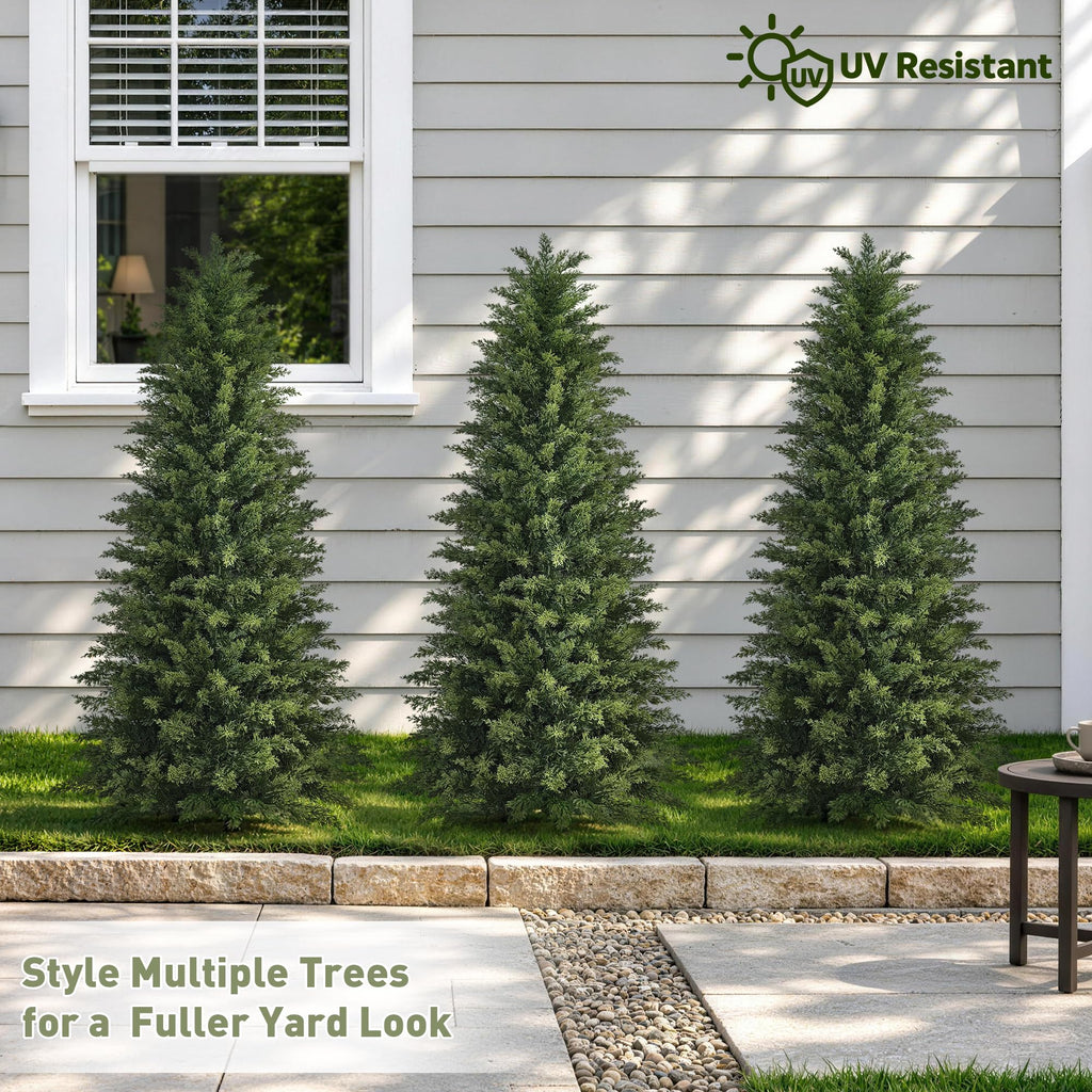 5ft Artificial Cedar Topiary Tree, Set of 1 Realistic Faux Evergreen Shrub Plant in Planter, Indoor Outdoor Fake