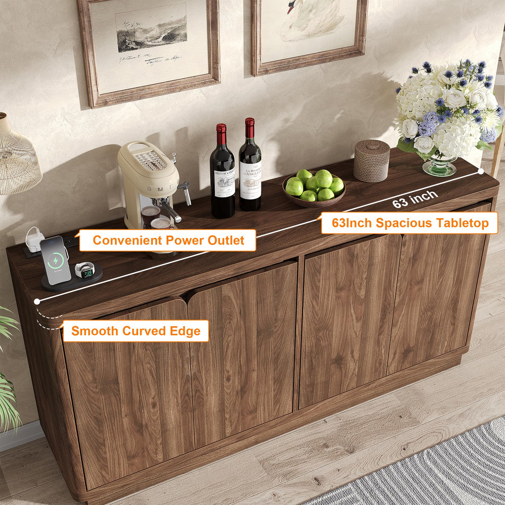 63" Buffet Cabinet with Storage & Power Outlet, Wood Sideboard Credenza with Double-Arc Doors, Modern Coffee Bar