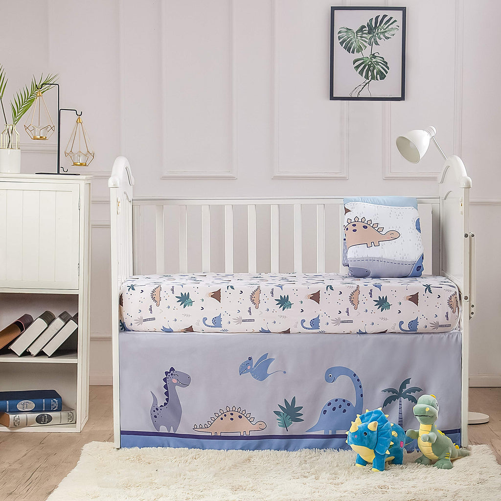 Baby Crib Bedding Set for Boys - Dinosaur 3 Piece Standard Size Nursery Crib Comforter Set, Grey/Blue - Unisex Baby