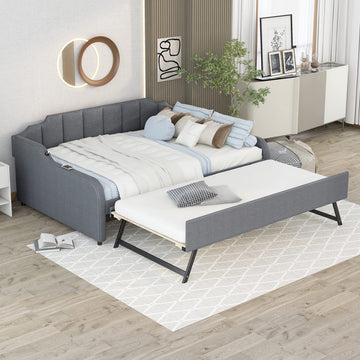 Full Daybed with Pop-up Trundle Upholstery Day Bed Frame with USB Charging Ports Modern Sofa Beds with Adjustable