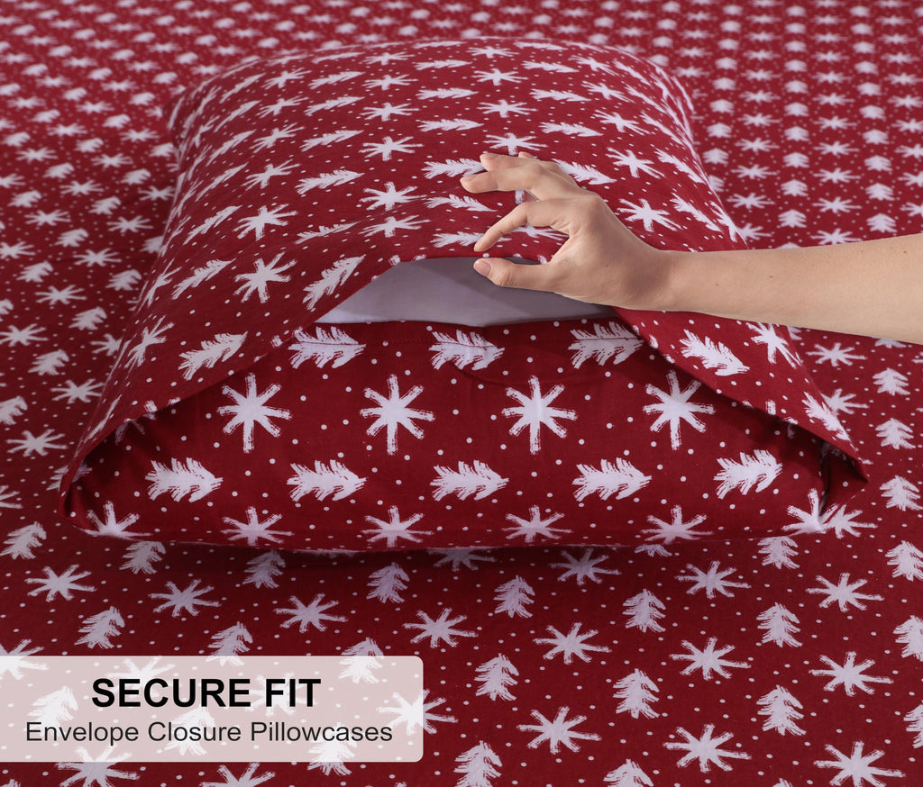 100% Cotton Flannel Sheets Queen Size, 4 PCs, Red Christmas