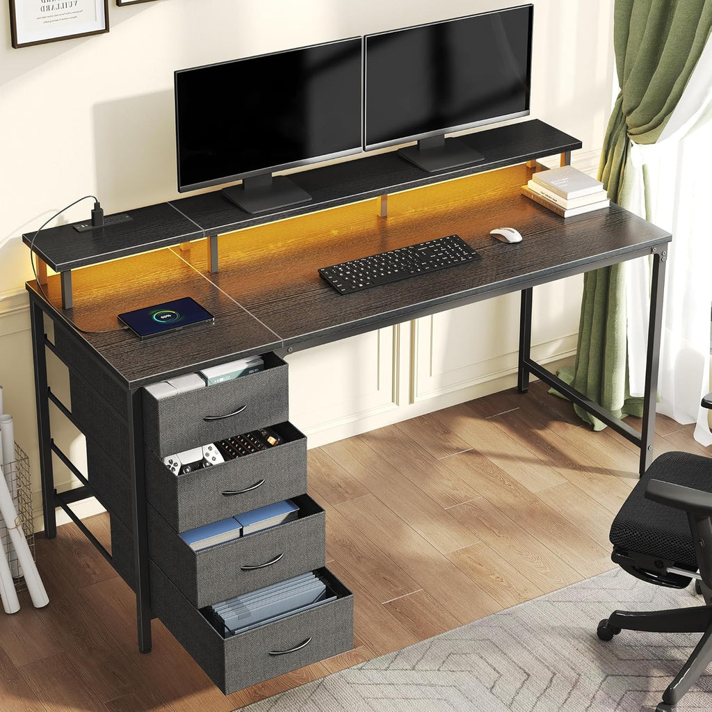 Computer Desk with 4 Drawers, 4 Drawer Gaming Desk with with Power Outlets and LED Lights, Office Desk for Small Spaces