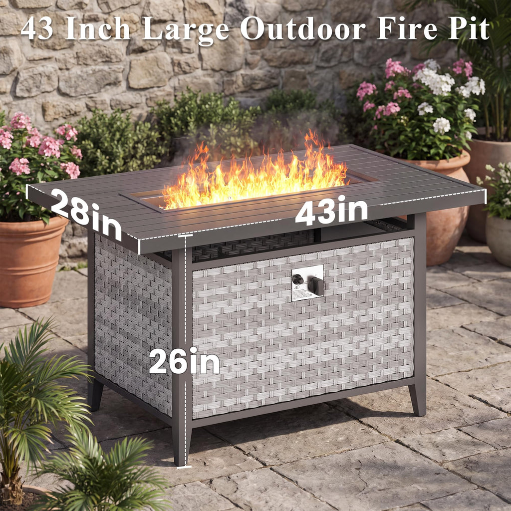 43 in Wicker Propane Fire Pit Table with Lid, 55, 000 BTU