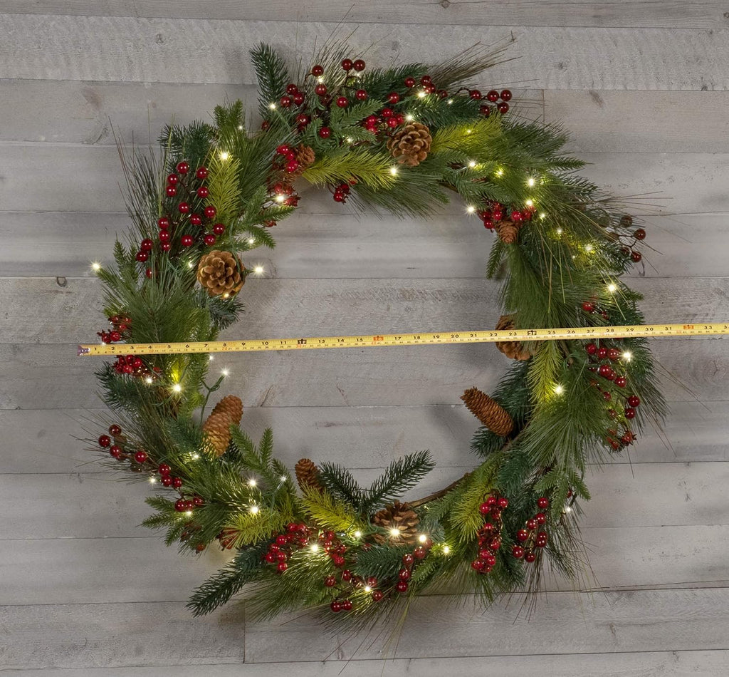 30" Light-Up Christmas Wreath with Pinecones & Evergreens, Battery-Operated LED Lights with Timer