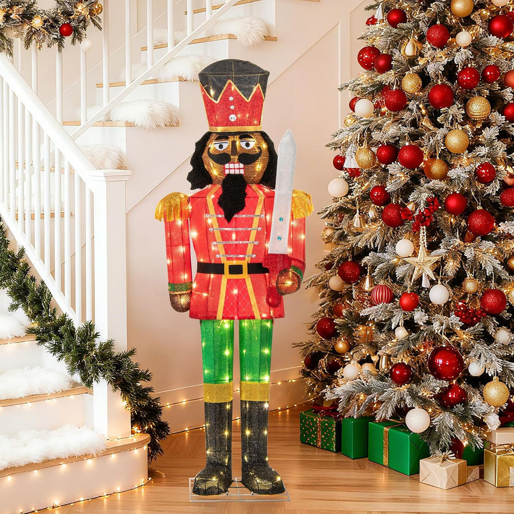 2 Pack 5 FT Lighted Christmas Nutcracker Holding Glitter Sword