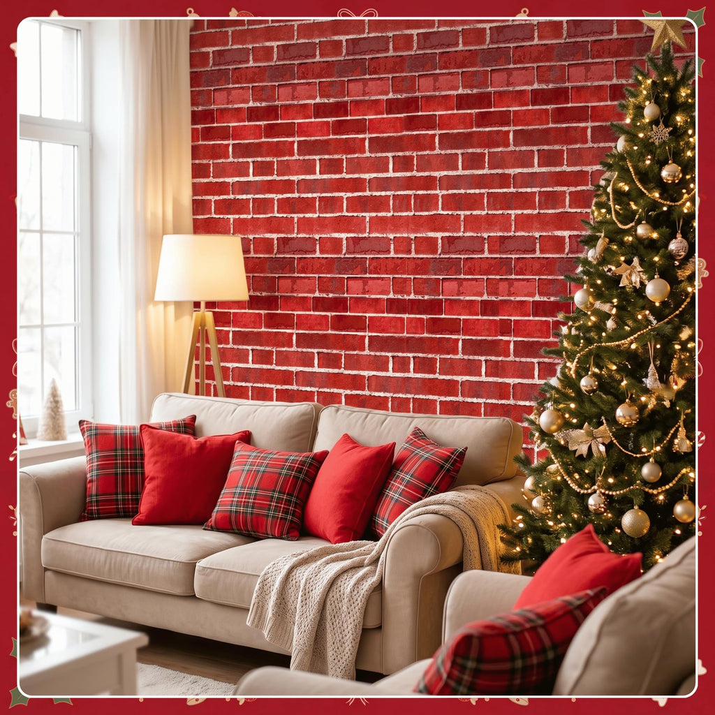 X 54IN Christmas Red Brick Tablecloth Roll with Slide Cutter Box