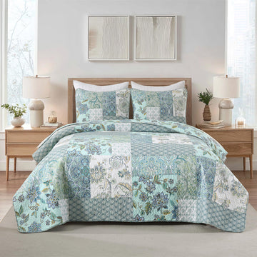 100% Cotton Patchwork Quilt Set - Lightweight Breathable Reversible Bedspread for Hot Sleepers, Farmhouse