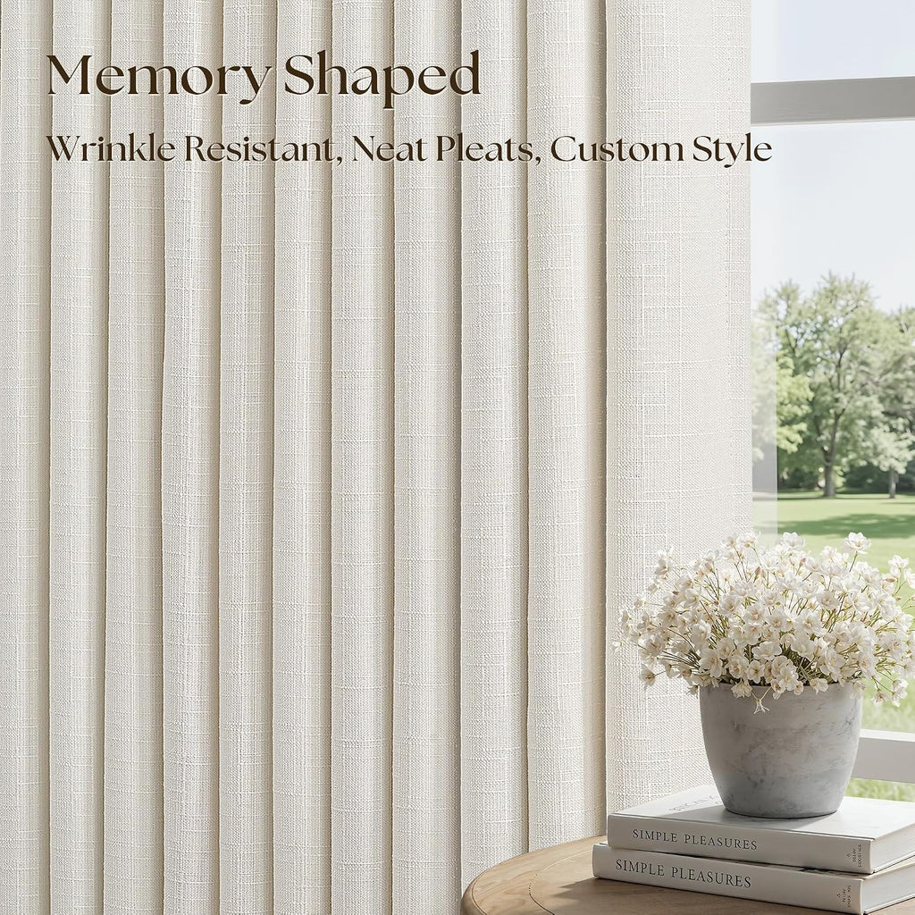 92 Inch Pinch Pleated 100% Blackout Linen Curtains for Bedroom 50 Inch Wide 2 Panels Double Layer Natural Pleat